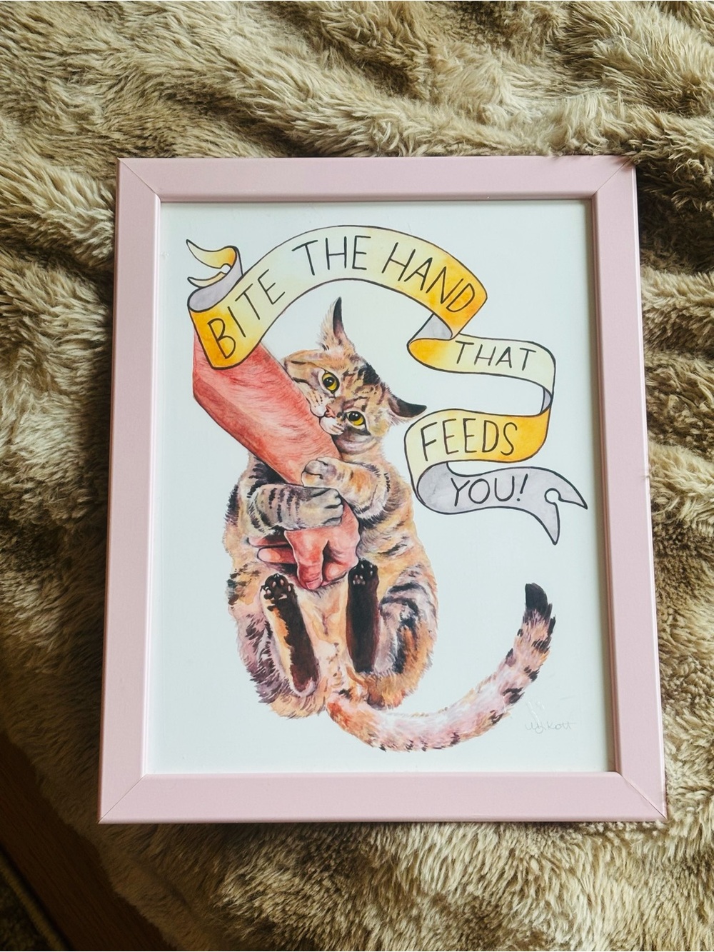 Funny Cat Wall Art Framed Tattoo Flash Illustration Pink